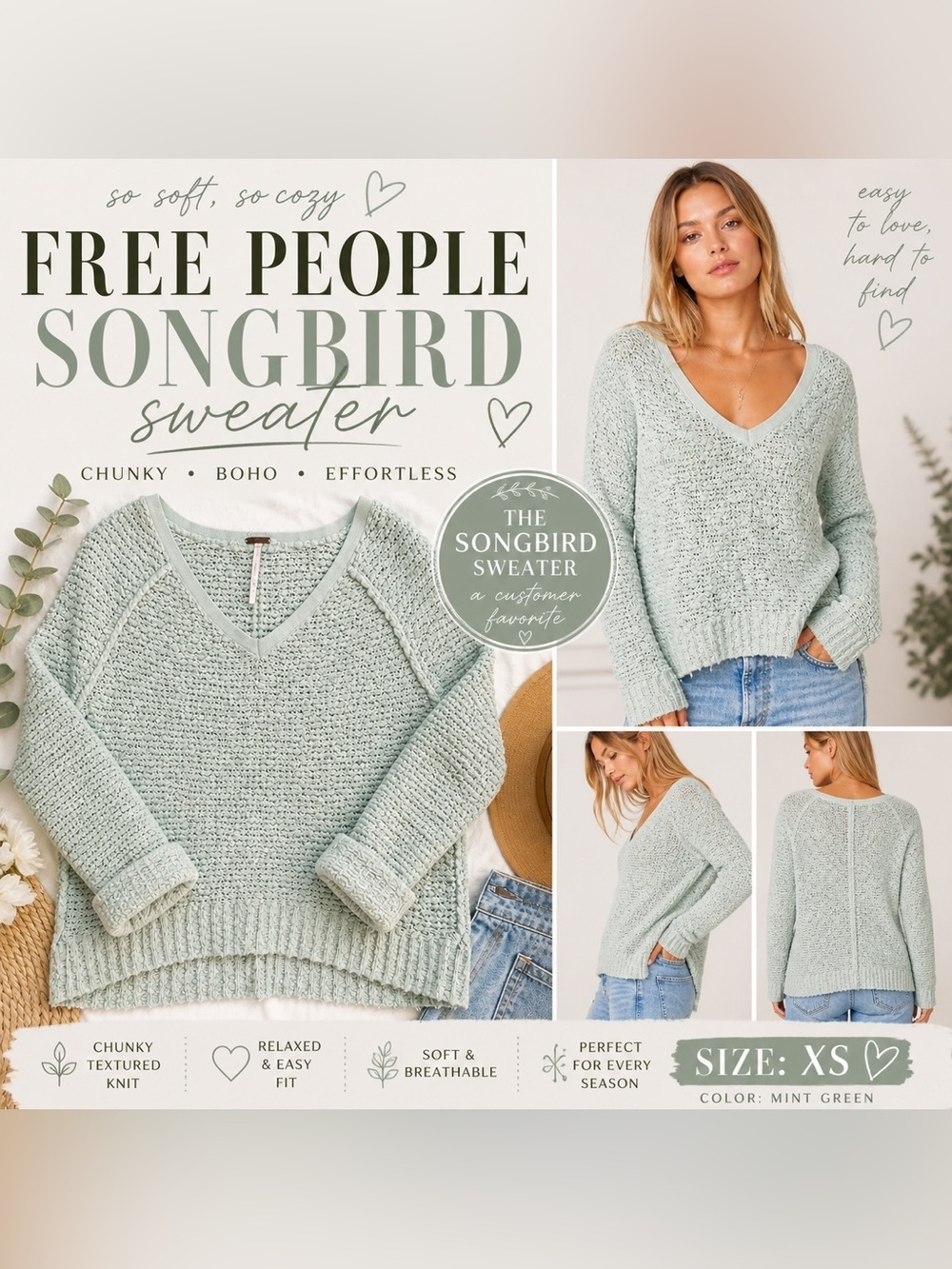 Free People Songbird Sweater XS Mint Green Chunky Knit Boho V Neck Pullover
